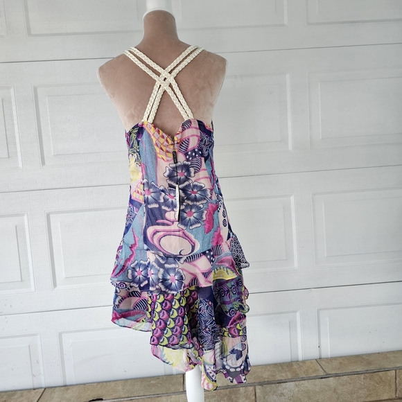 Peppe Peluso Boho Halter Dress L Bright Abstract Print Tiered Ruffle Summer - Picture 5 of 16